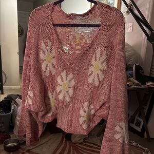 Floral Knit Women's Sweater - Pink and Cream